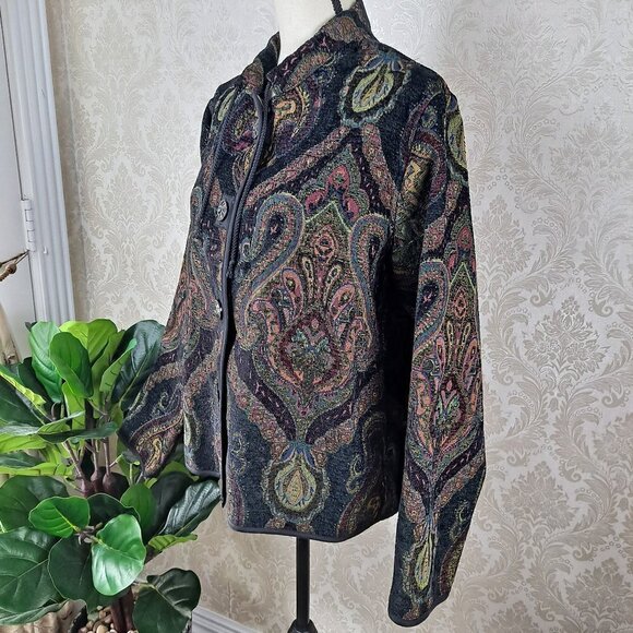 Flashback Size Large Tapestry Paisley Jacket Blk/Brn/Grn Button Front Vintage - Picture 5 of 11